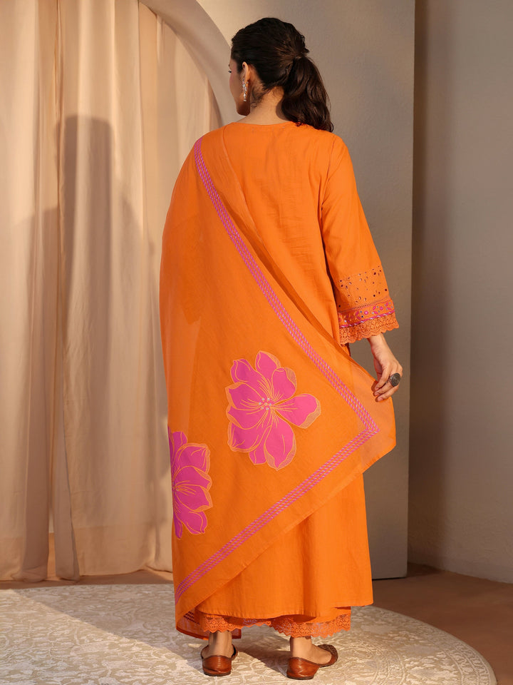 Orange Floral Embroidered Cotton Straight Suit Set With Dupatta