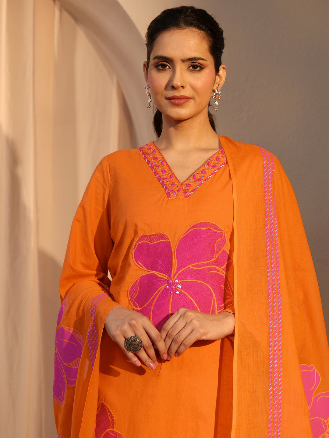 Orange Floral Embroidered Cotton Straight Suit Set With Dupatta