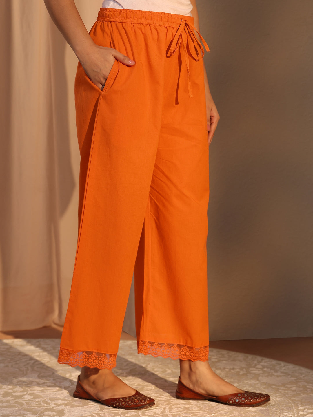 Orange Floral Embroidered Cotton Straight Suit Set With Dupatta