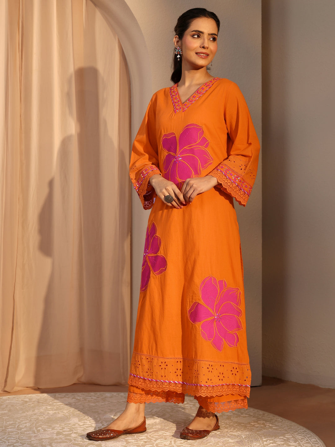 Orange Floral Embroidered Cotton Straight Suit Set With Dupatta