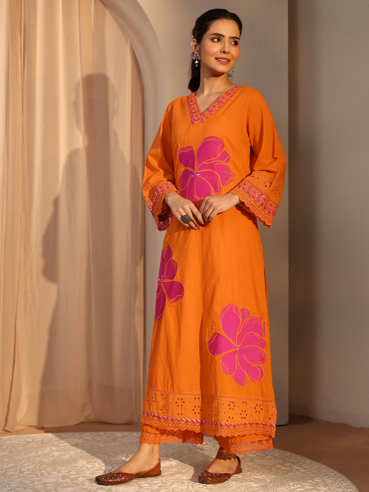 Orange Floral Embroidered Cotton Straight Suit Set With Dupatta