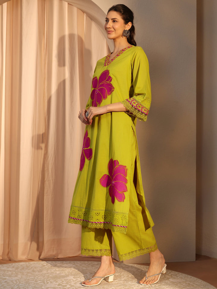 Green Floral Embroidered Cotton Straight Suit Set With Dupatta