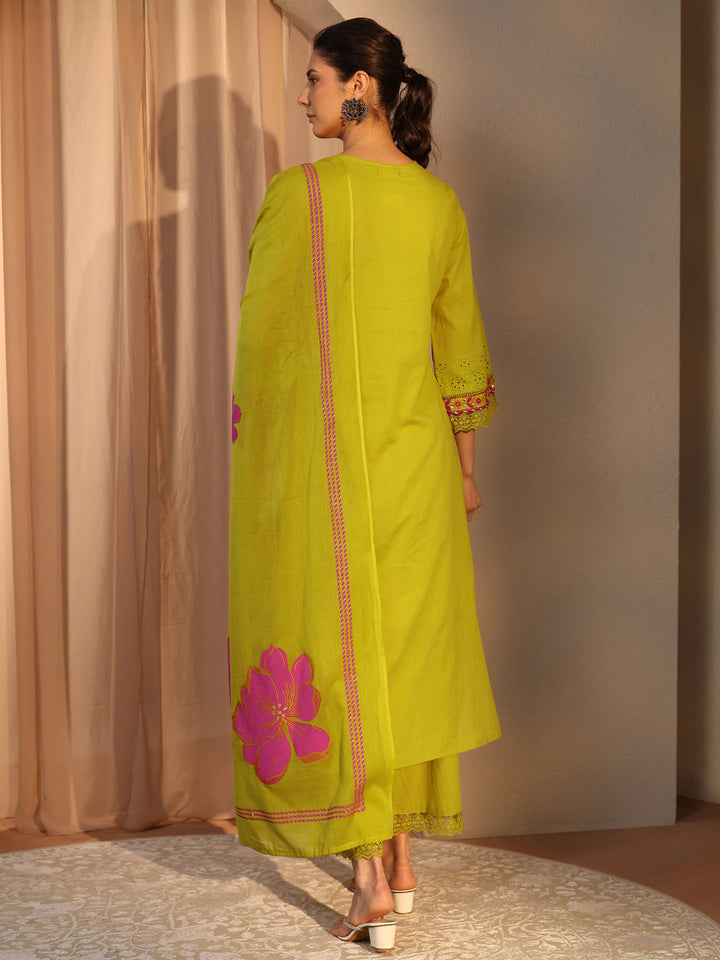Green Floral Embroidered Cotton Straight Suit Set With Dupatta