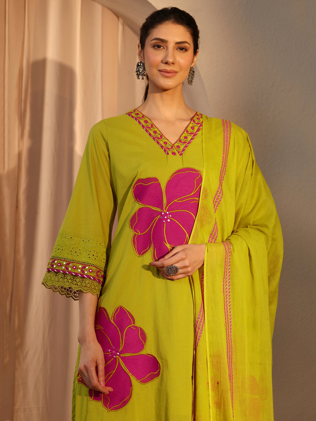 Green Floral Embroidered Cotton Straight Suit Set With Dupatta