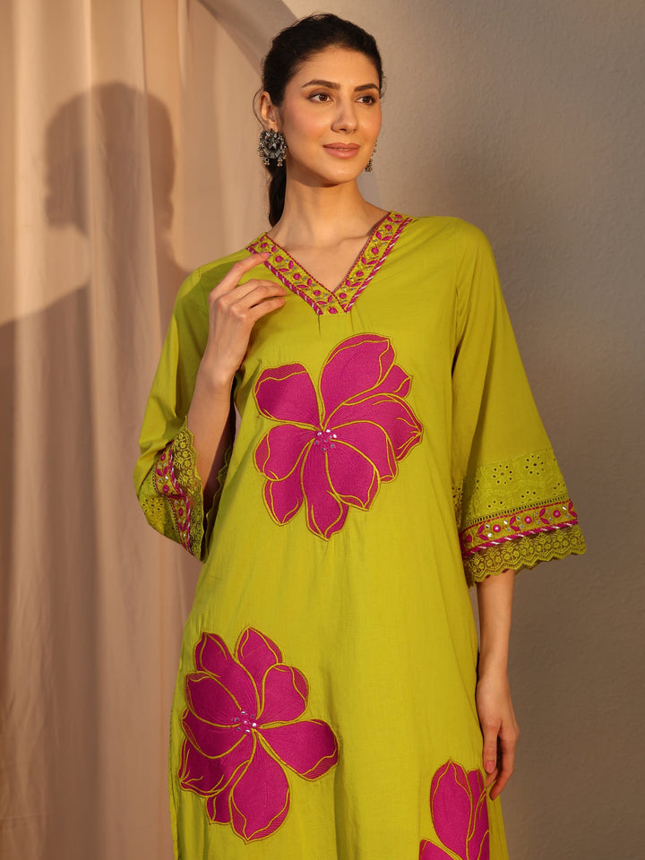 Green Floral Embroidered Cotton Straight Suit Set With Dupatta