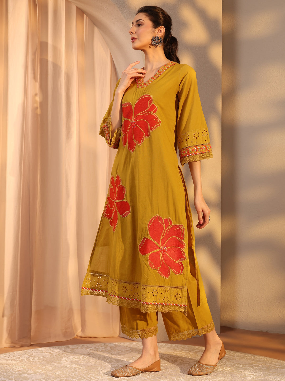 Mustard Floral Embroidered Cotton Straight Suit Set With Dupatta