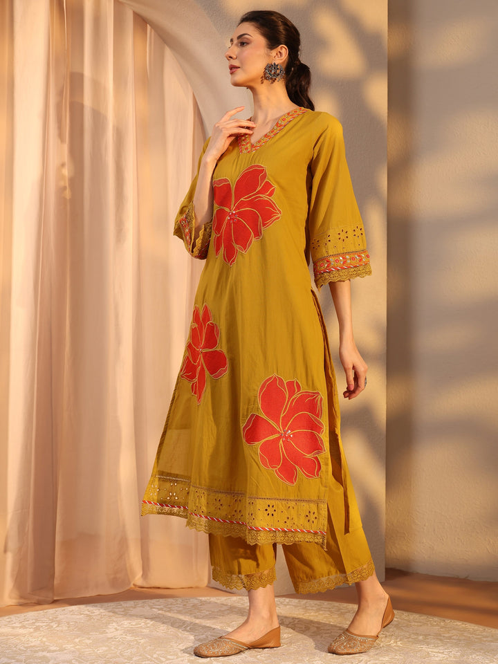 Mustard Floral Embroidered Cotton Straight Suit Set With Dupatta