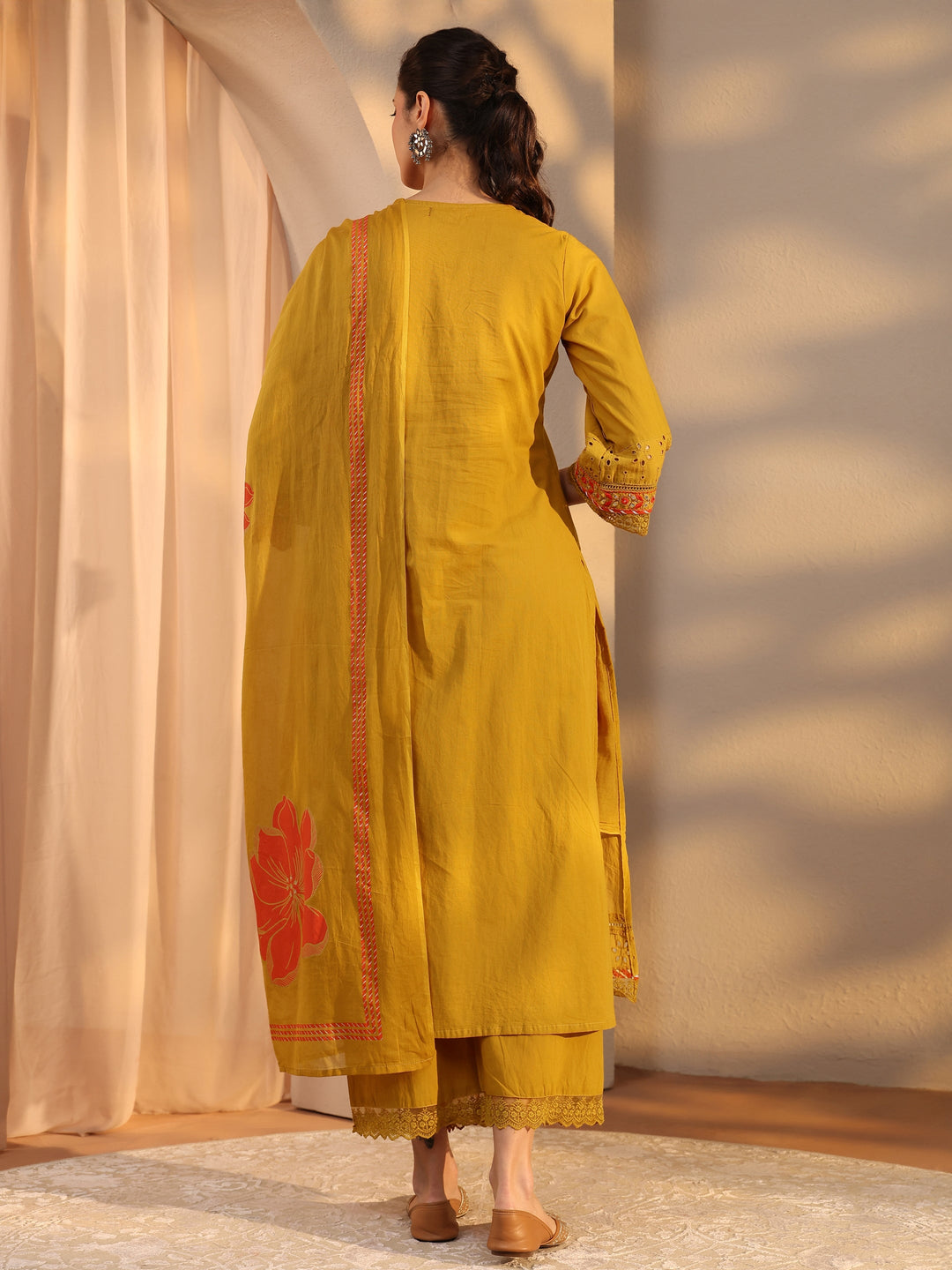 Mustard Floral Embroidered Cotton Straight Suit Set With Dupatta