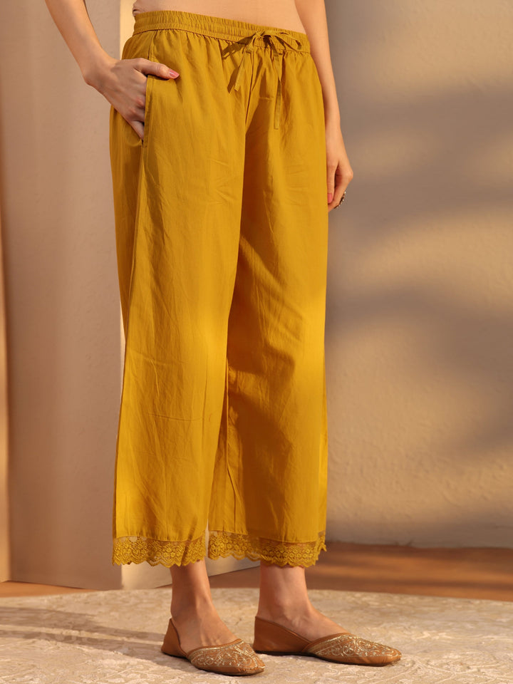 Mustard Floral Embroidered Cotton Straight Suit Set With Dupatta