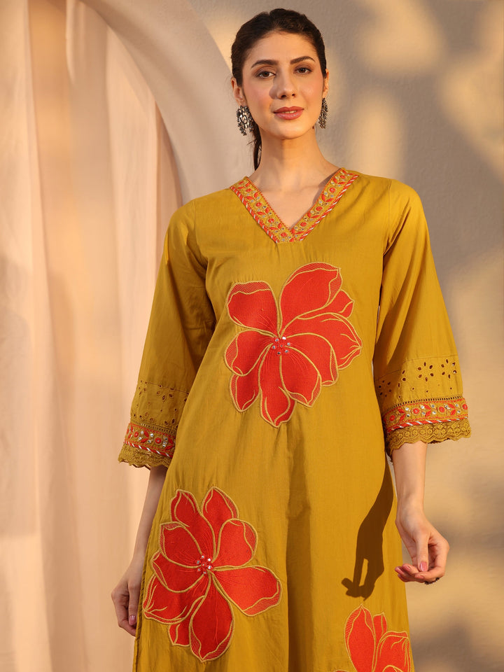 Mustard Floral Embroidered Cotton Straight Suit Set With Dupatta