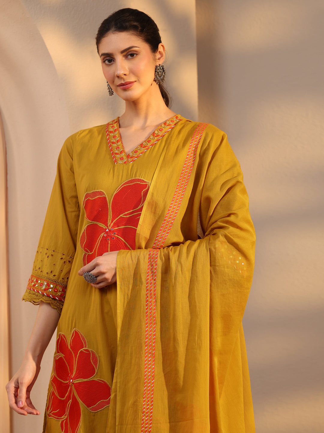 Mustard Floral Embroidered Cotton Straight Suit Set With Dupatta