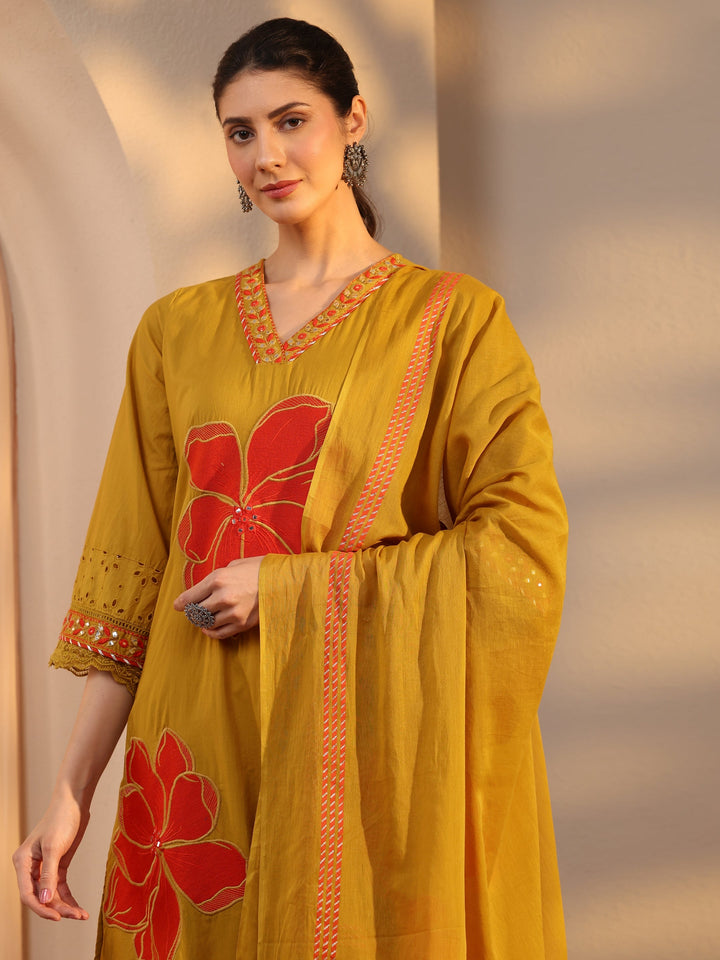 Mustard Floral Embroidered Cotton Straight Suit Set With Dupatta