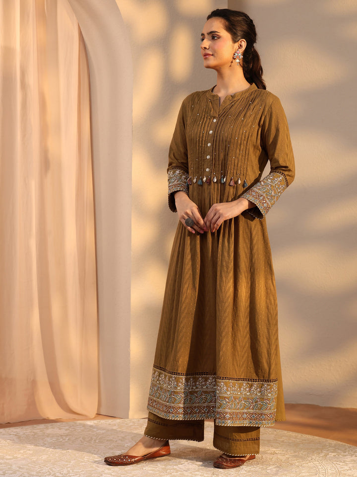 Mustard Embellished Cotton A-Line Suit Set With Dupatta
