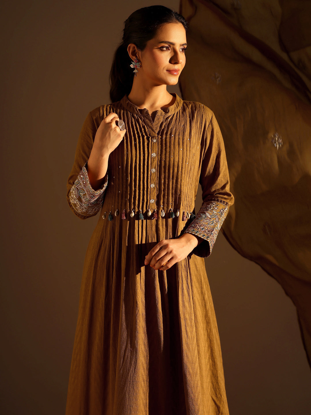 Mustard Embellished Cotton A-Line Suit Set With Dupatta