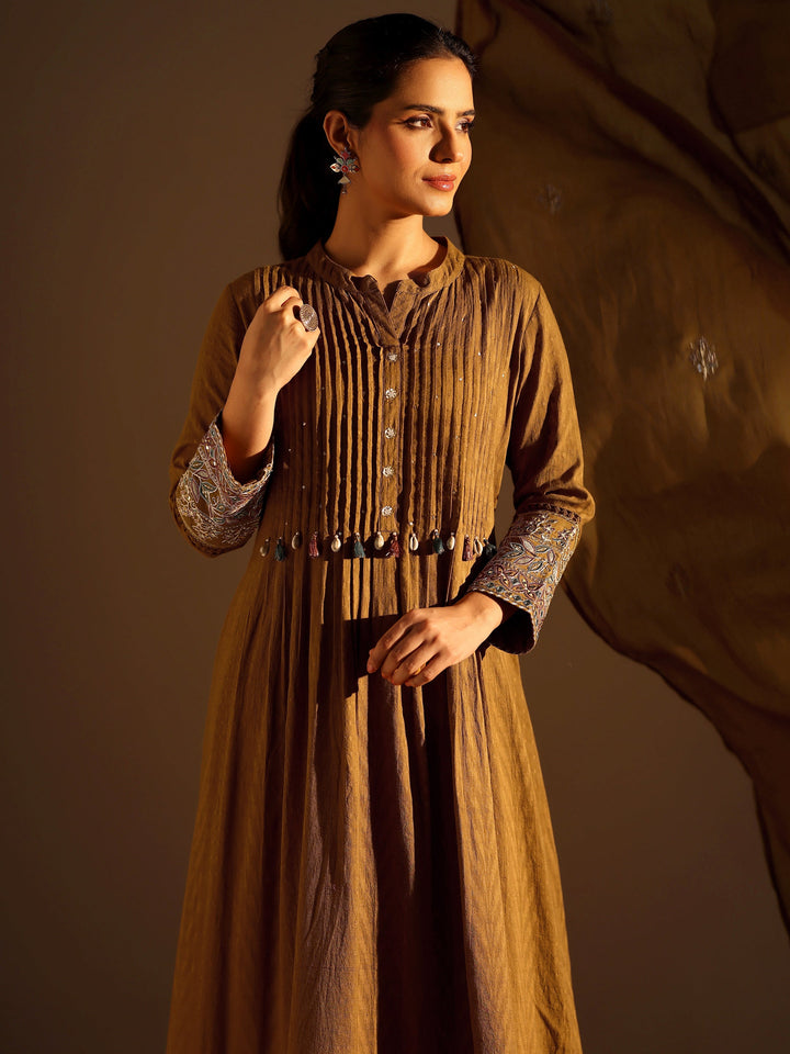 Mustard Embellished Cotton A-Line Suit Set With Dupatta