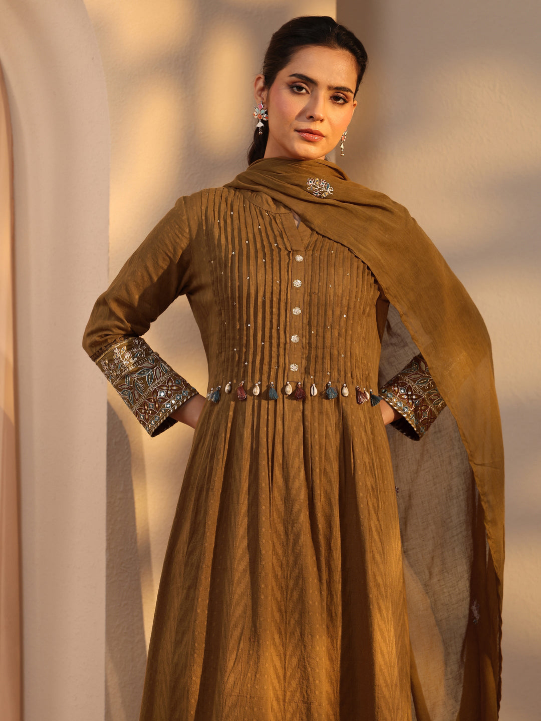 Mustard Embellished Cotton A-Line Suit Set With Dupatta