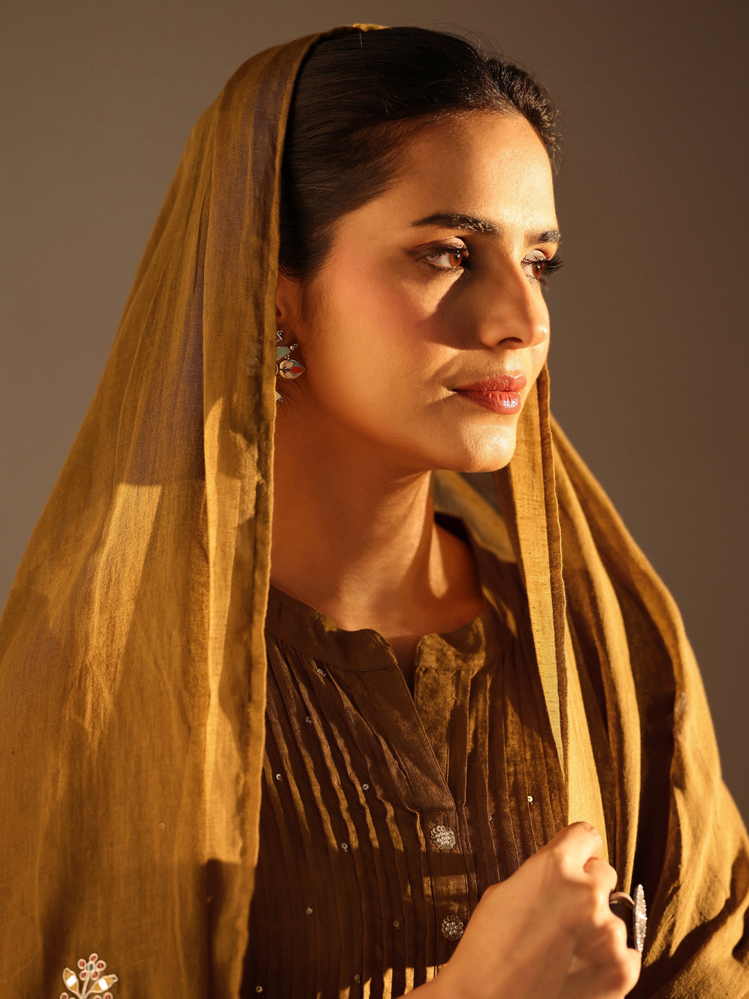 Mustard Embellished Cotton A-Line Suit Set With Dupatta