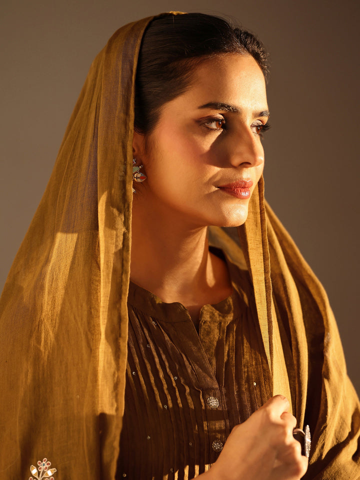Mustard Embellished Cotton A-Line Suit Set With Dupatta