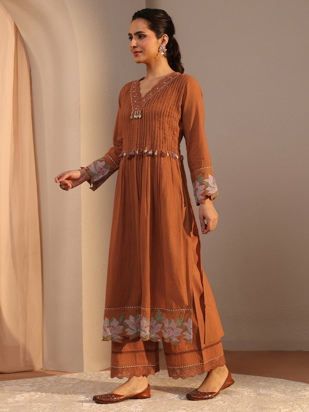 Rust Embellished Cotton A-Line Suit Set With Dupatta