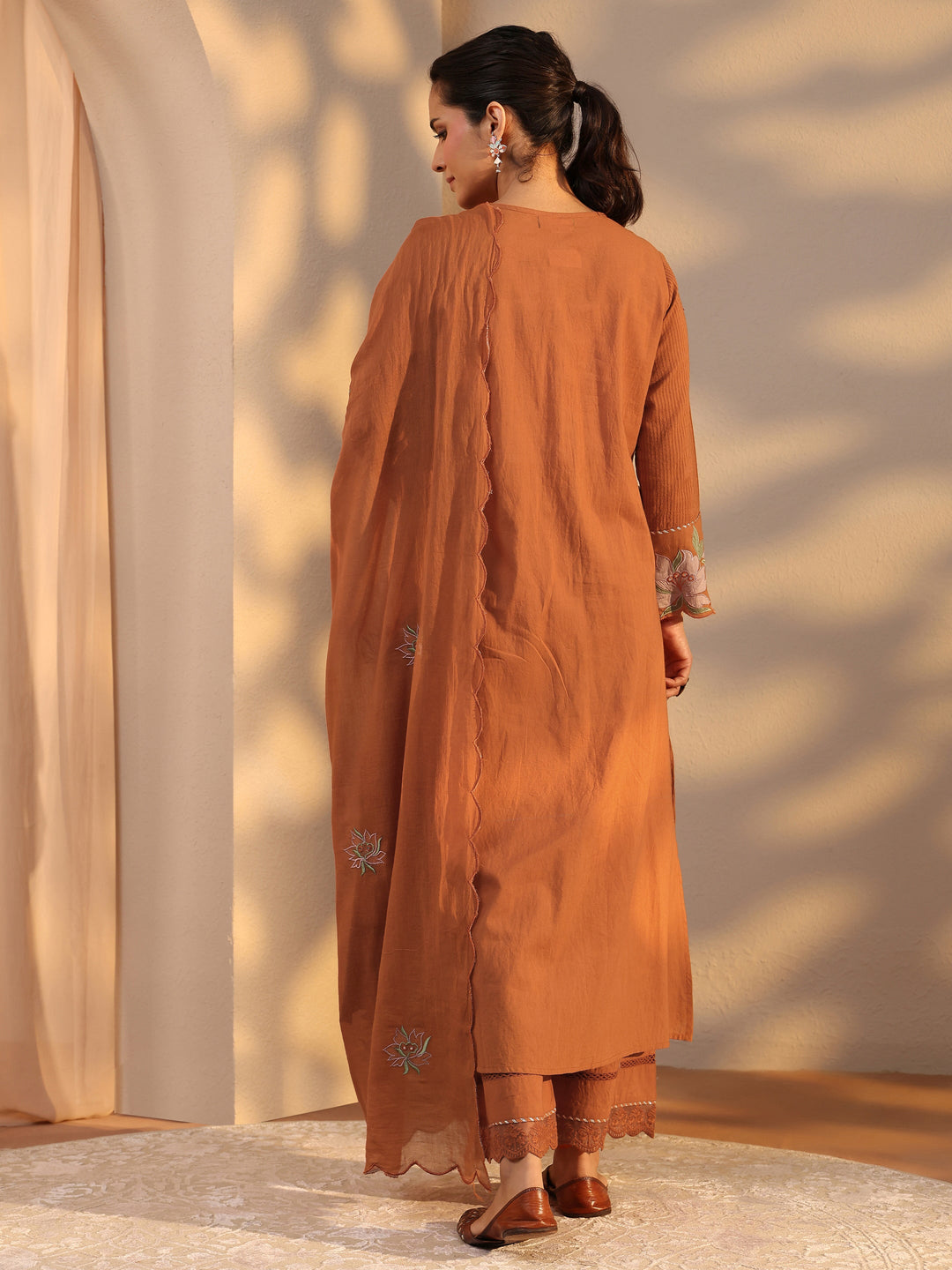Rust Embellished Cotton A-Line Suit Set With Dupatta