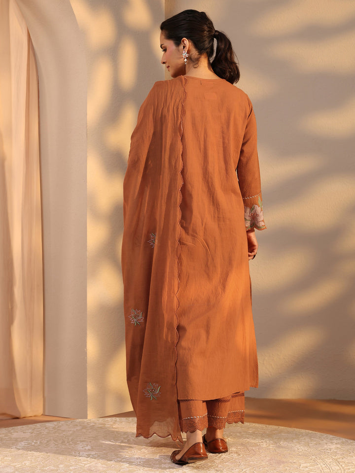 Rust Embellished Cotton A-Line Suit Set With Dupatta