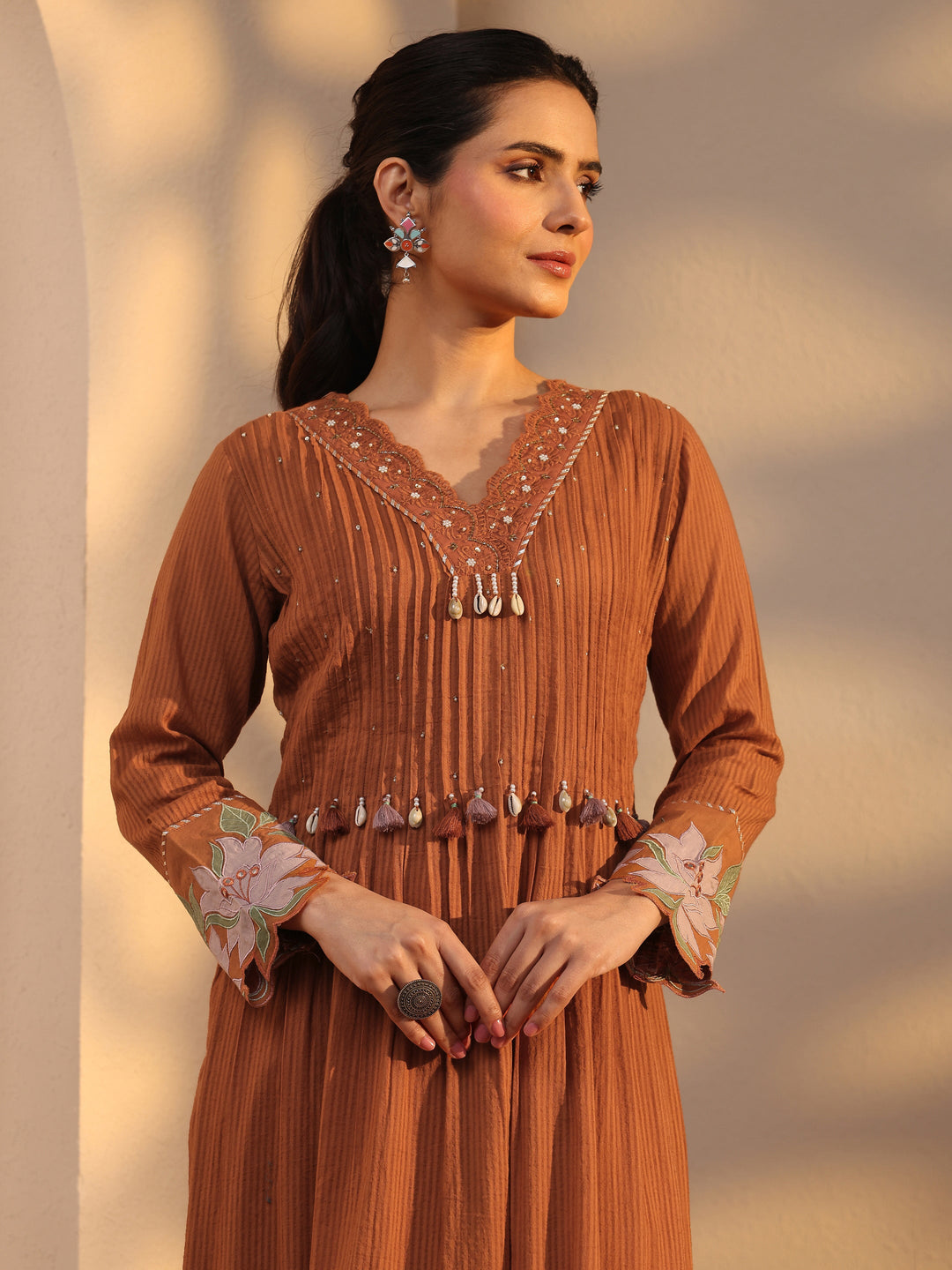 Rust Embellished Cotton A-Line Suit Set With Dupatta