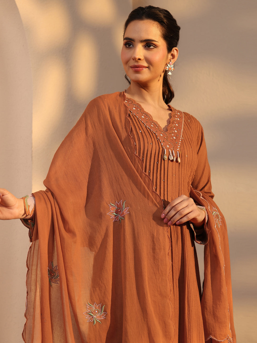 Rust Embellished Cotton A-Line Suit Set With Dupatta