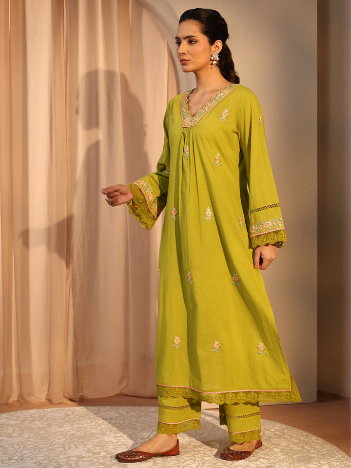 Green Floral Embroidered Cotton Straight Suit Set With Dupatta