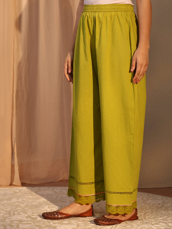 Green Floral Embroidered Cotton Straight Suit Set With Dupatta