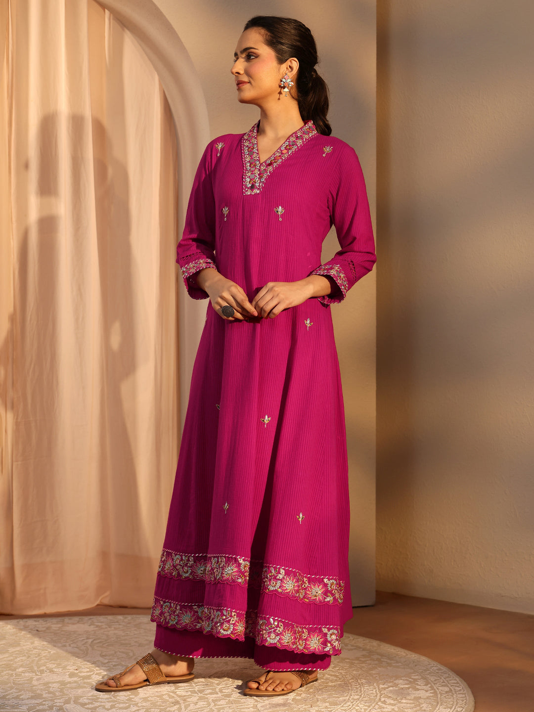 Pink Floral Embroidered Cotton A-Line Suit Set With Dupatta