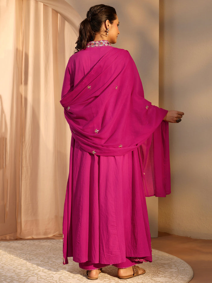 Pink Floral Embroidered Cotton A-Line Suit Set With Dupatta