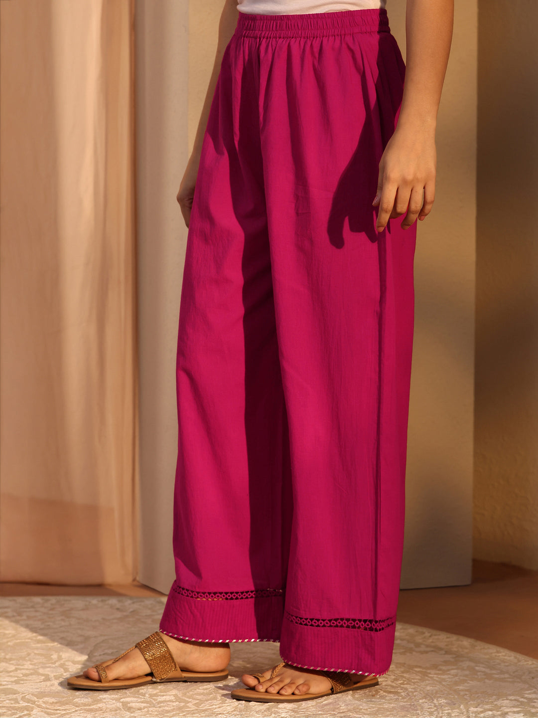 Pink Floral Embroidered Cotton A-Line Suit Set With Dupatta