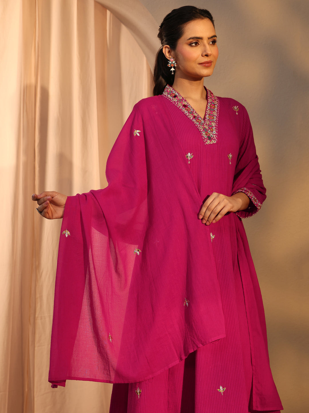 Pink Floral Embroidered Cotton A-Line Suit Set With Dupatta