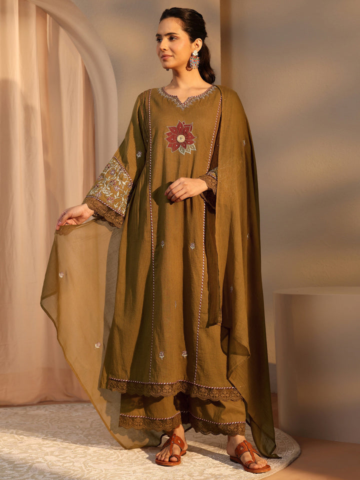 Mustard Floral Embroidered Cotton Straight Suit Set With Dupatta