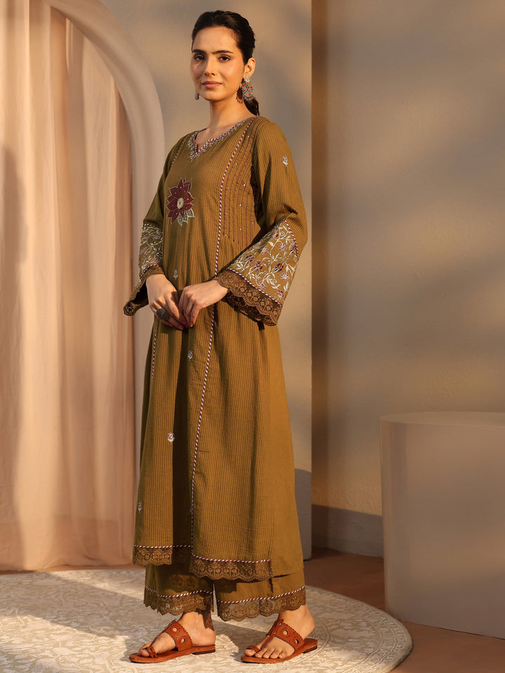 Mustard Floral Embroidered Cotton Straight Suit Set With Dupatta