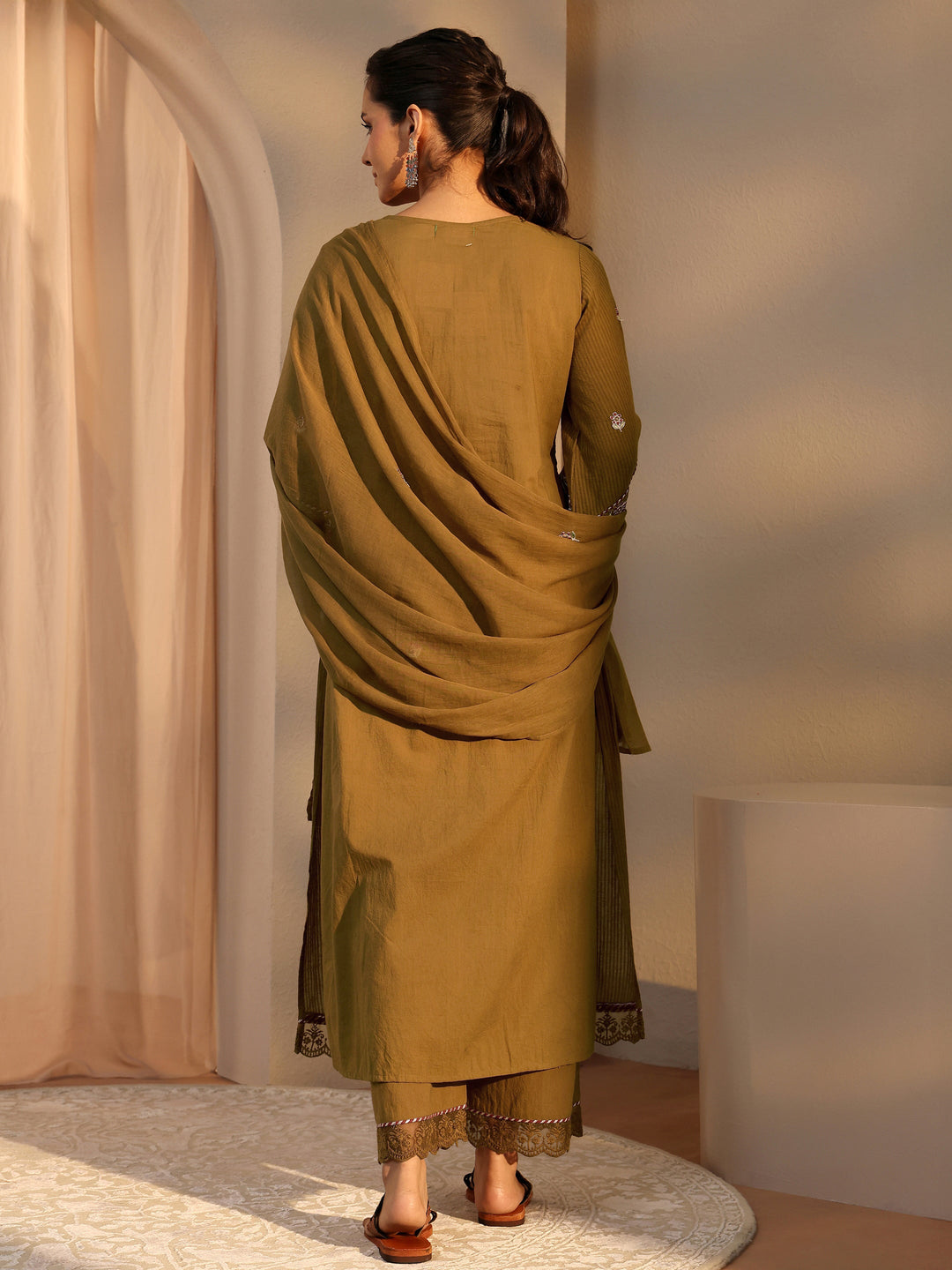 Mustard Floral Embroidered Cotton Straight Suit Set With Dupatta
