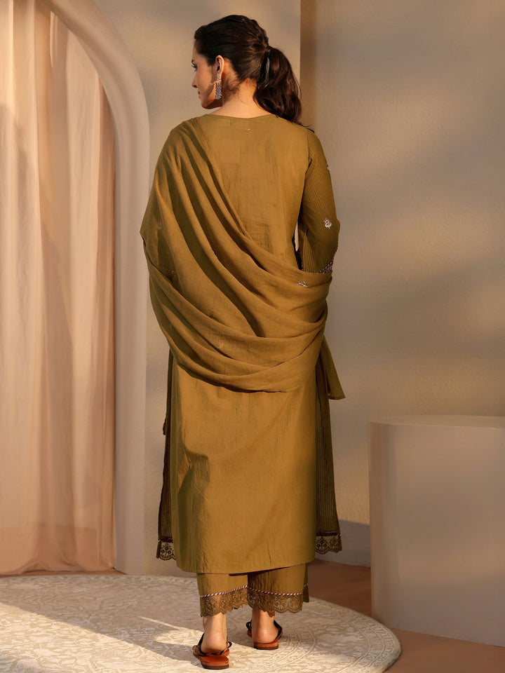 Mustard Floral Embroidered Cotton Straight Suit Set With Dupatta