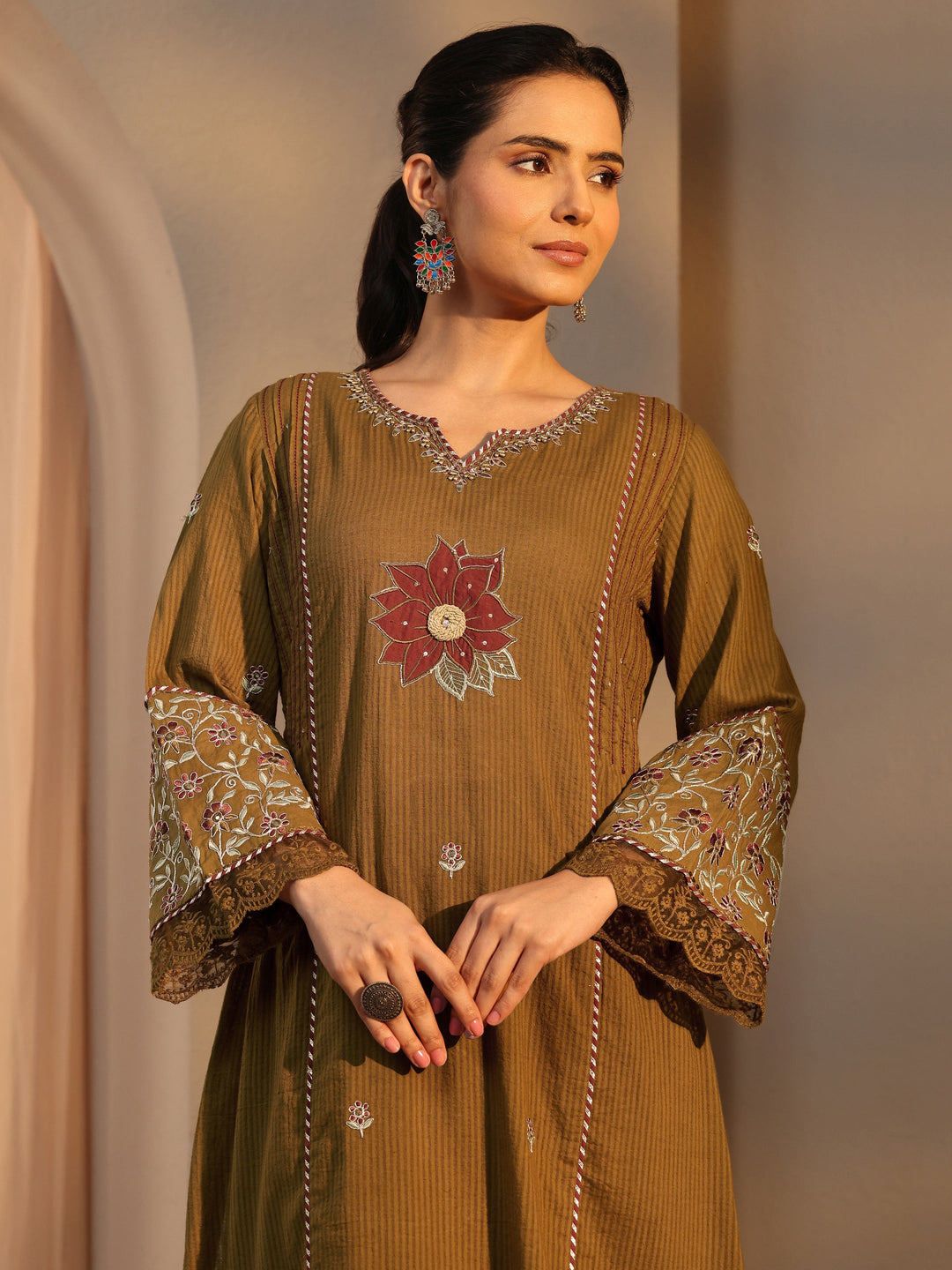 Mustard Floral Embroidered Cotton Straight Suit Set With Dupatta