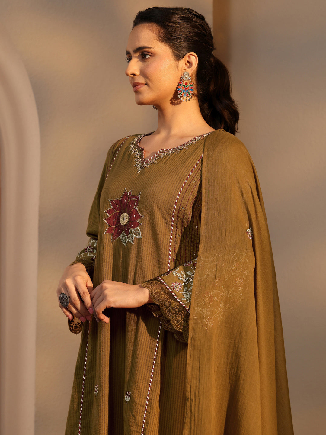 Mustard Floral Embroidered Cotton Straight Suit Set With Dupatta