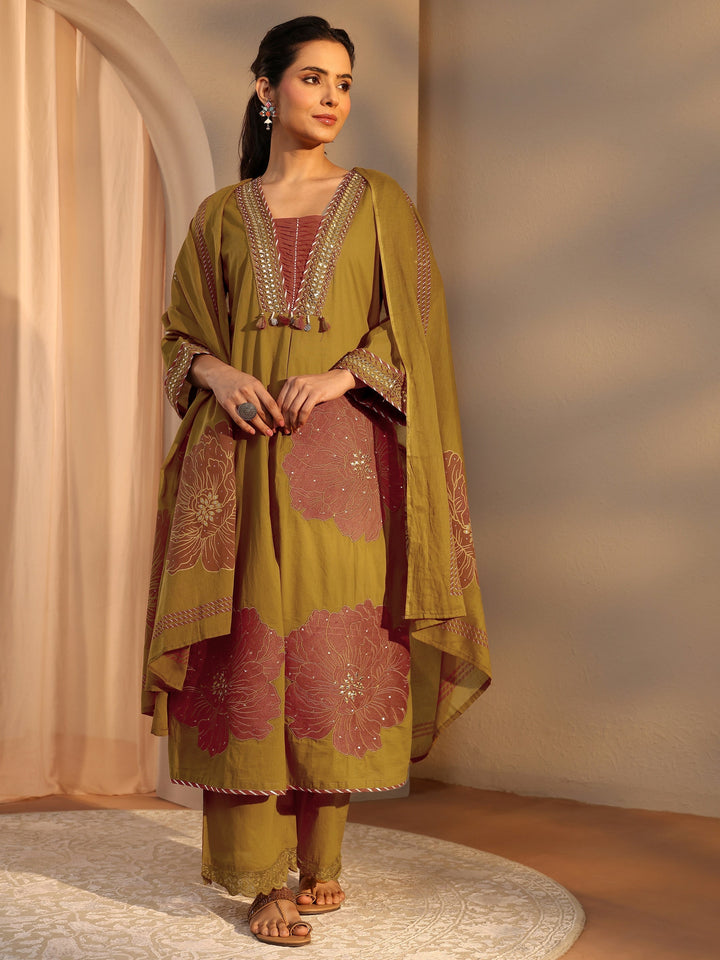Mustard Floral Embroidered Cotton A-Line Suit Set With Dupatta