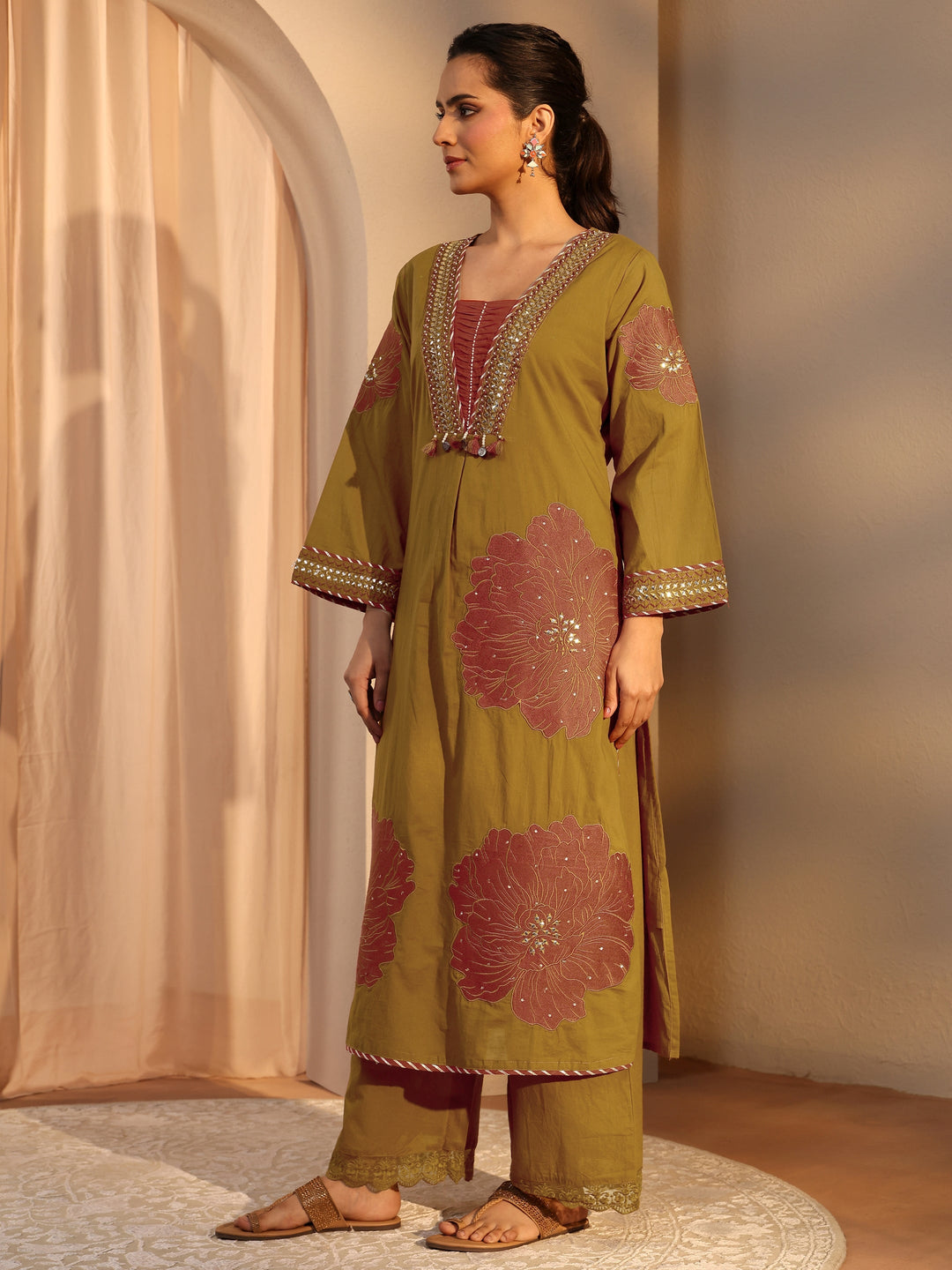 Mustard Floral Embroidered Cotton A-Line Suit Set With Dupatta