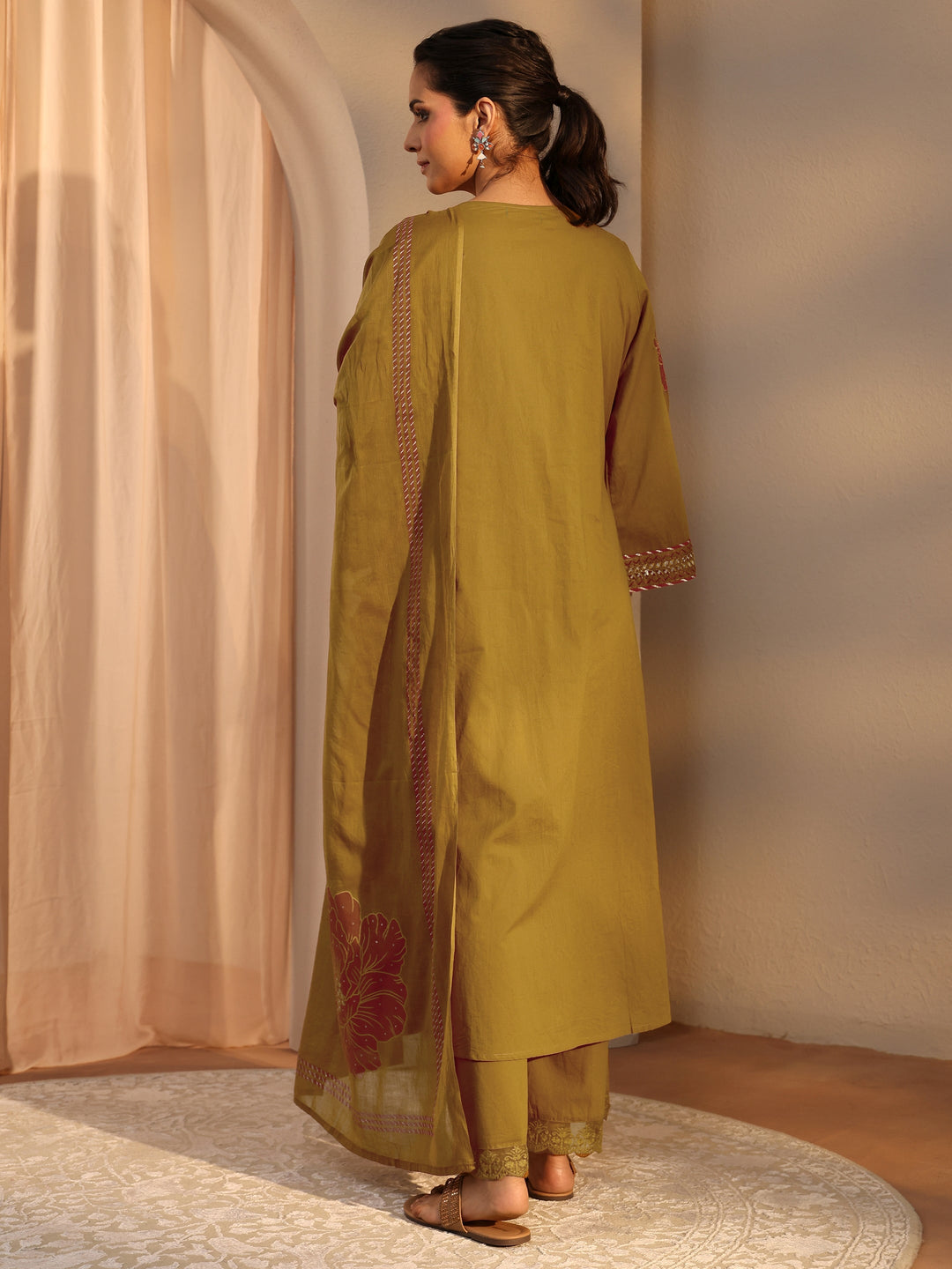 Mustard Floral Embroidered Cotton A-Line Suit Set With Dupatta
