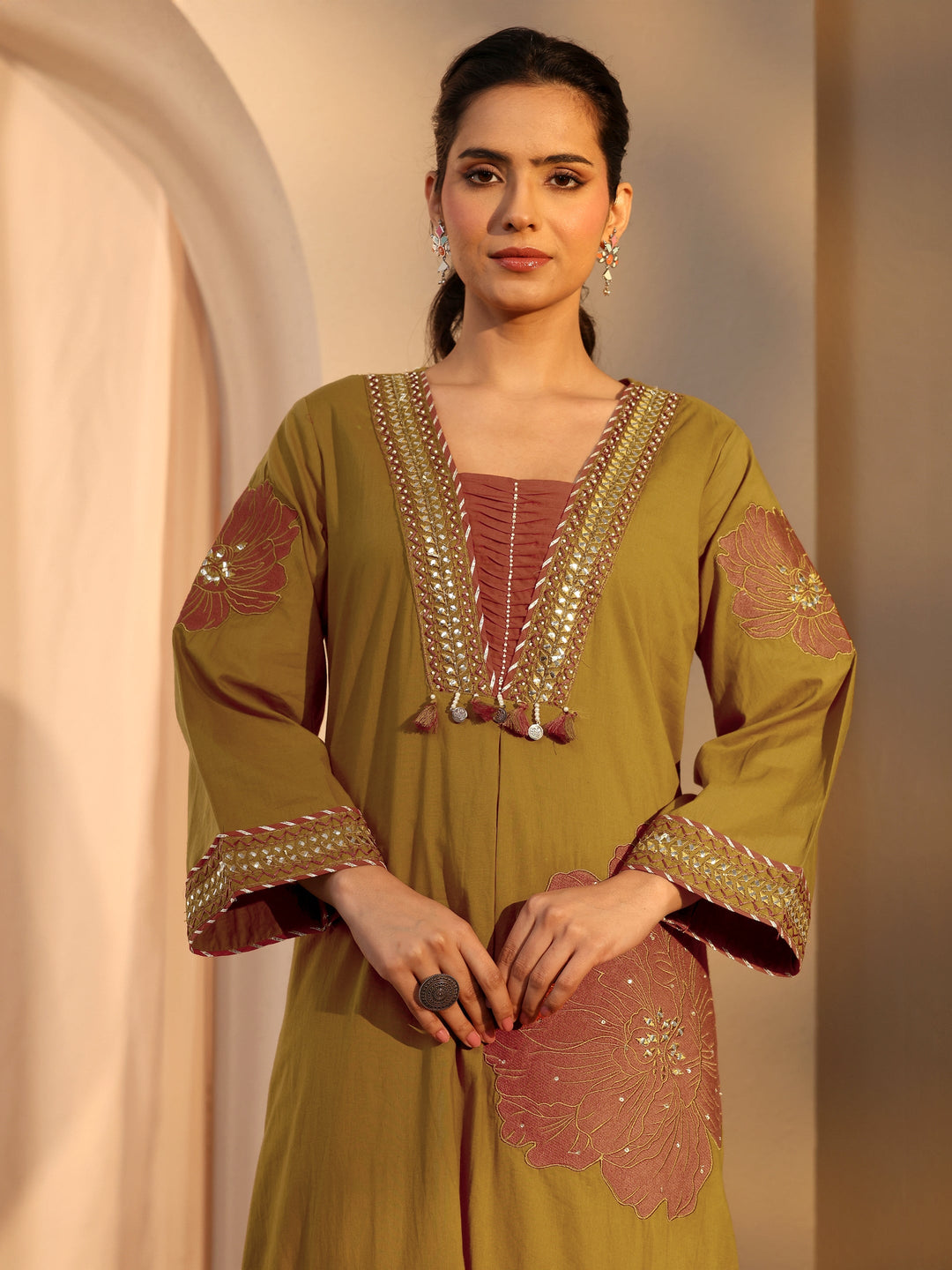 Mustard Floral Embroidered Cotton A-Line Suit Set With Dupatta