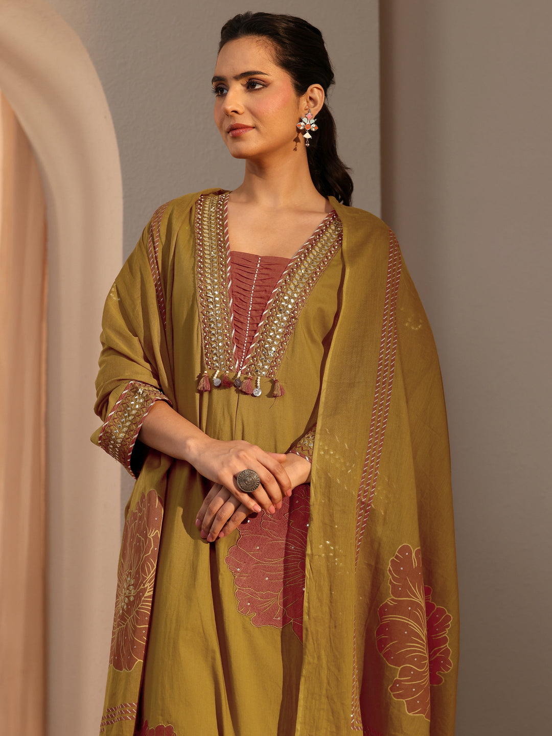 Mustard Floral Embroidered Cotton A-Line Suit Set With Dupatta
