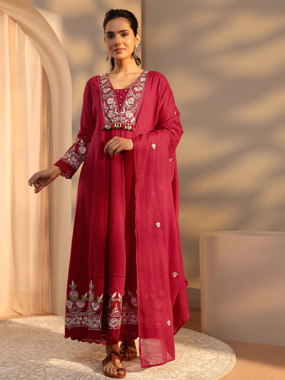 Pink Floral Embroidered Cotton A-Line Suit Set With Dupatta
