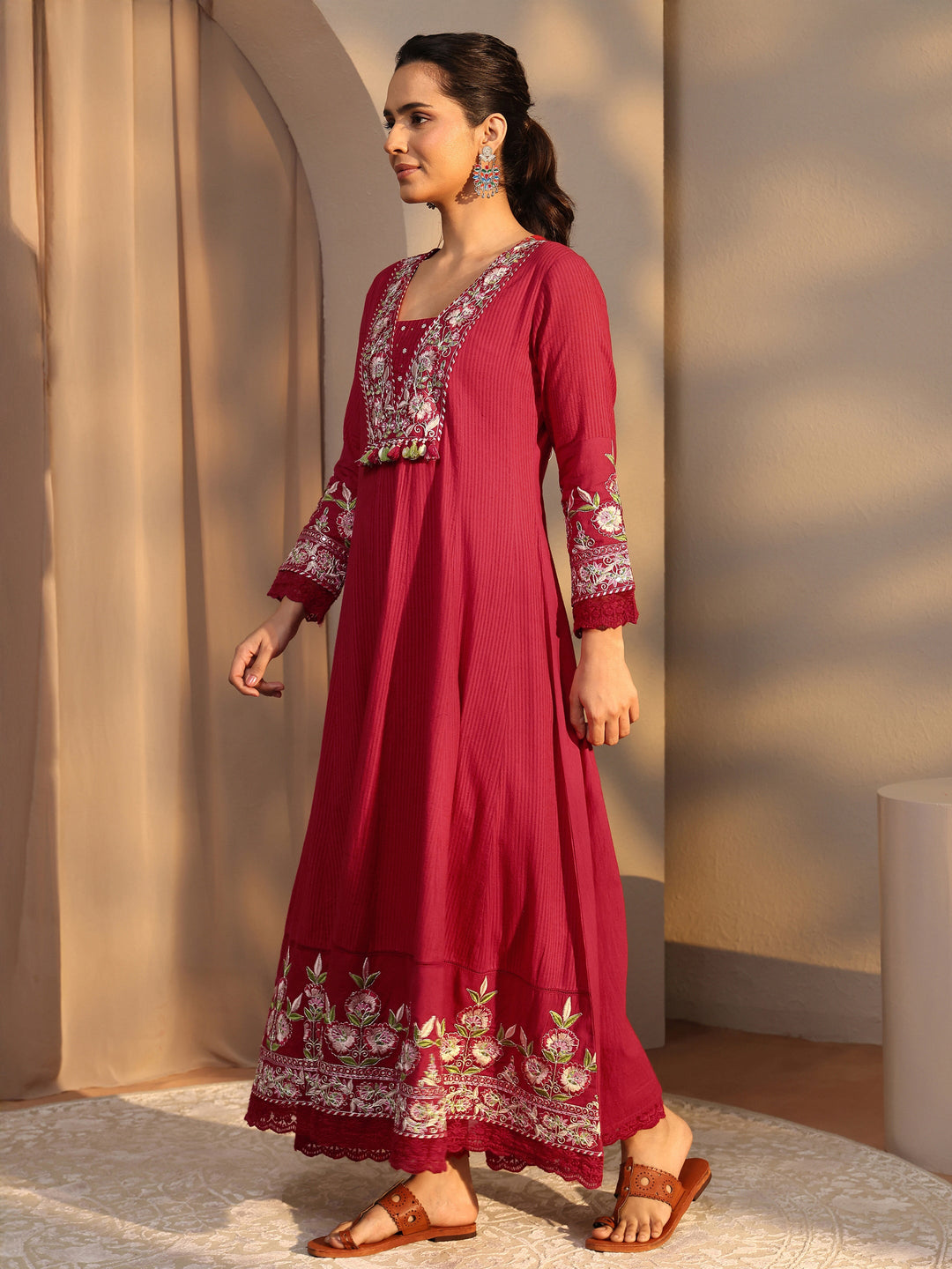 Pink Floral Embroidered Cotton A-Line Suit Set With Dupatta