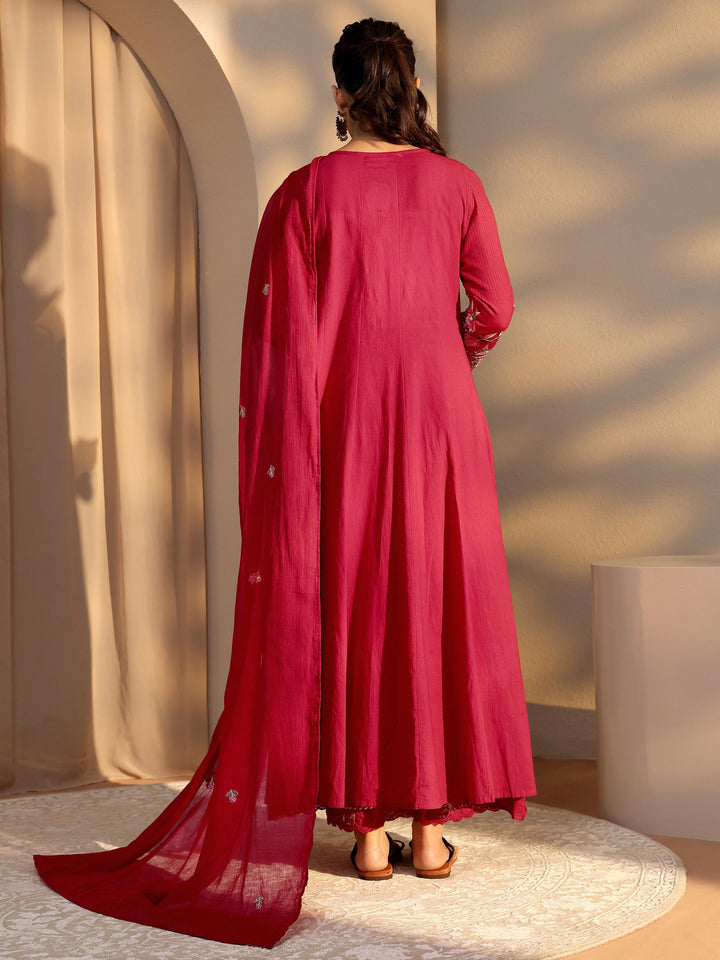 Pink Floral Embroidered Cotton A-Line Suit Set With Dupatta