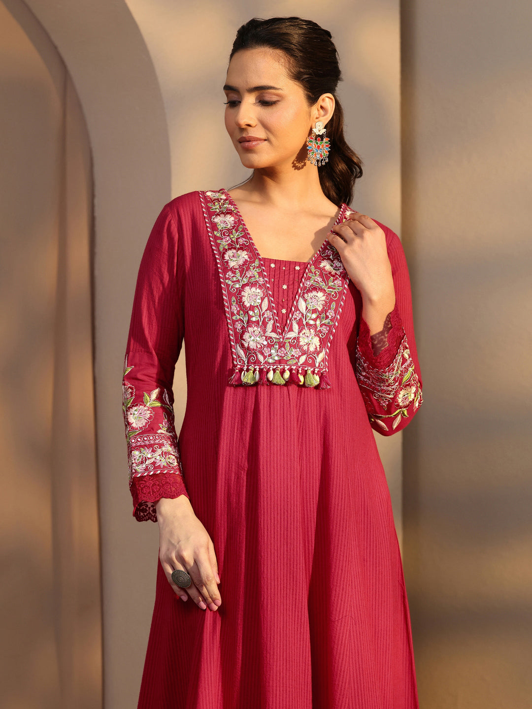 Pink Floral Embroidered Cotton A-Line Suit Set With Dupatta