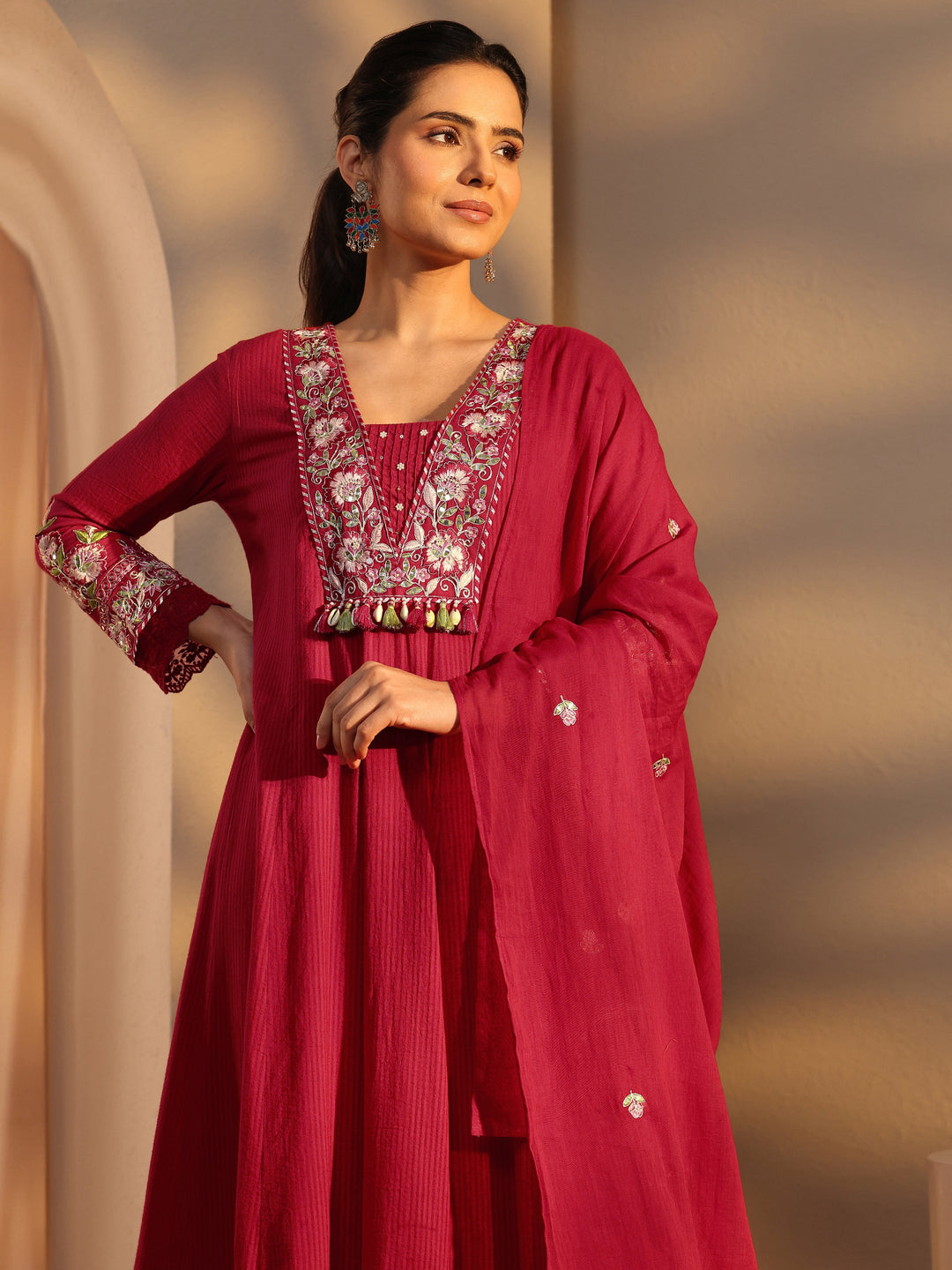 Pink Floral Embroidered Cotton A-Line Suit Set With Dupatta