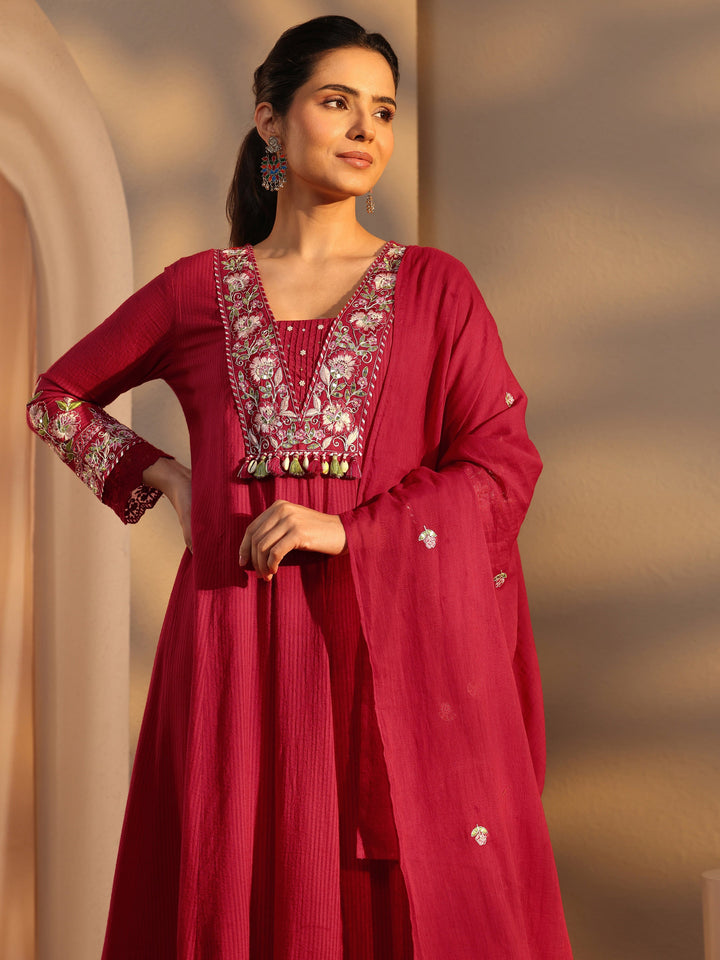 Pink Floral Embroidered Cotton A-Line Suit Set With Dupatta